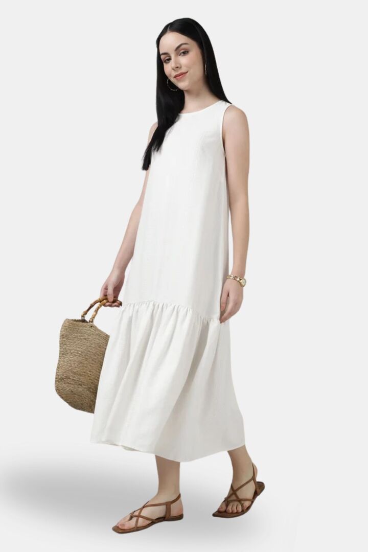 Sands of India White Textured Maxi Dress with Gathered Hem — image 5