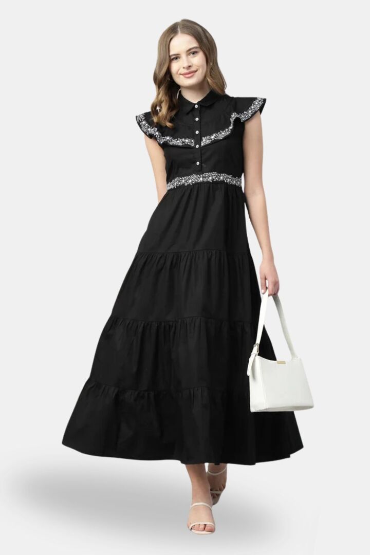 Sands of India Black Embroidered 4-Tier Maxi Dress – Evening Wear — image 5