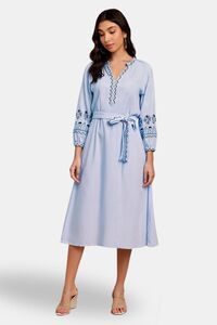 Sands of India White Poplin Dress with Blue Intricate Embroidery & Belt – Perfect for Casual Day — thumbnail 1