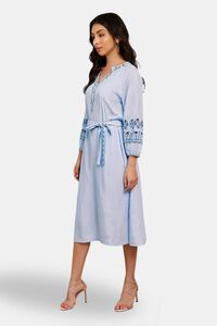Sands of India White Poplin Dress with Blue Intricate Embroidery & Belt – Perfect for Casual Day — thumbnail 2
