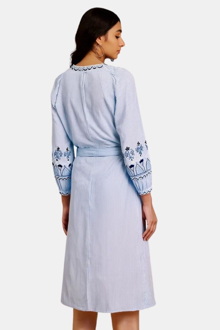 Sands of India White Poplin Dress with Blue Intricate Embroidery & Belt – Perfect for Casual Day — image 3