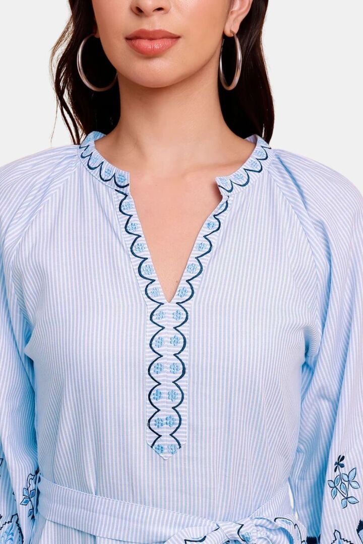 Sands of India White Poplin Dress with Blue Intricate Embroidery & Belt – Perfect for Casual Day — image 4
