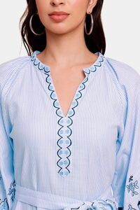 Sands of India White Poplin Dress with Blue Intricate Embroidery & Belt – Perfect for Casual Day — thumbnail 4