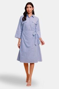 Sands of India Blue Stripe Wrap Midi Dress with Two Front Pockets — thumbnail 1