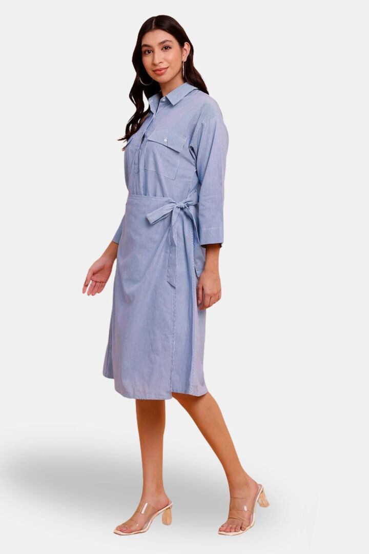Sands of India Blue Stripe Wrap Midi Dress with Two Front Pockets — image 3
