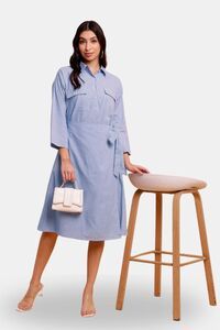 Sands of India Blue Stripe Wrap Midi Dress with Two Front Pockets — thumbnail 5