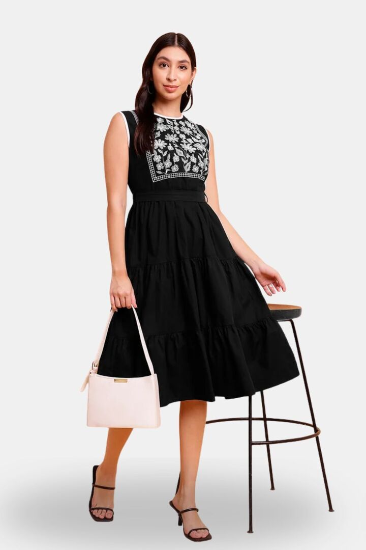 Sands of India Black Yoke Embroidered Poplin Midi Dress — image 3