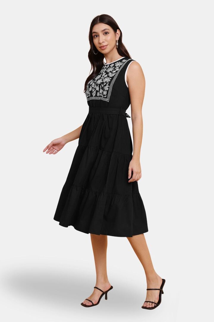Sands of India Black Yoke Embroidered Poplin Midi Dress — image 5