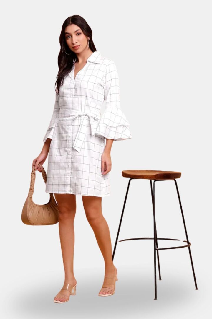 Sands of India White Check Shirt Cum Midi Dress with Detachable Belt — image 2