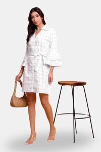 Sands of India White Check Shirt Cum Midi Dress with Detachable Belt — thumbnail 2