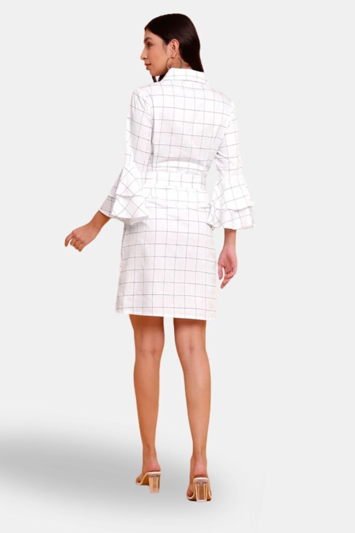 Sands of India White Check Shirt Cum Midi Dress with Detachable Belt — image 3