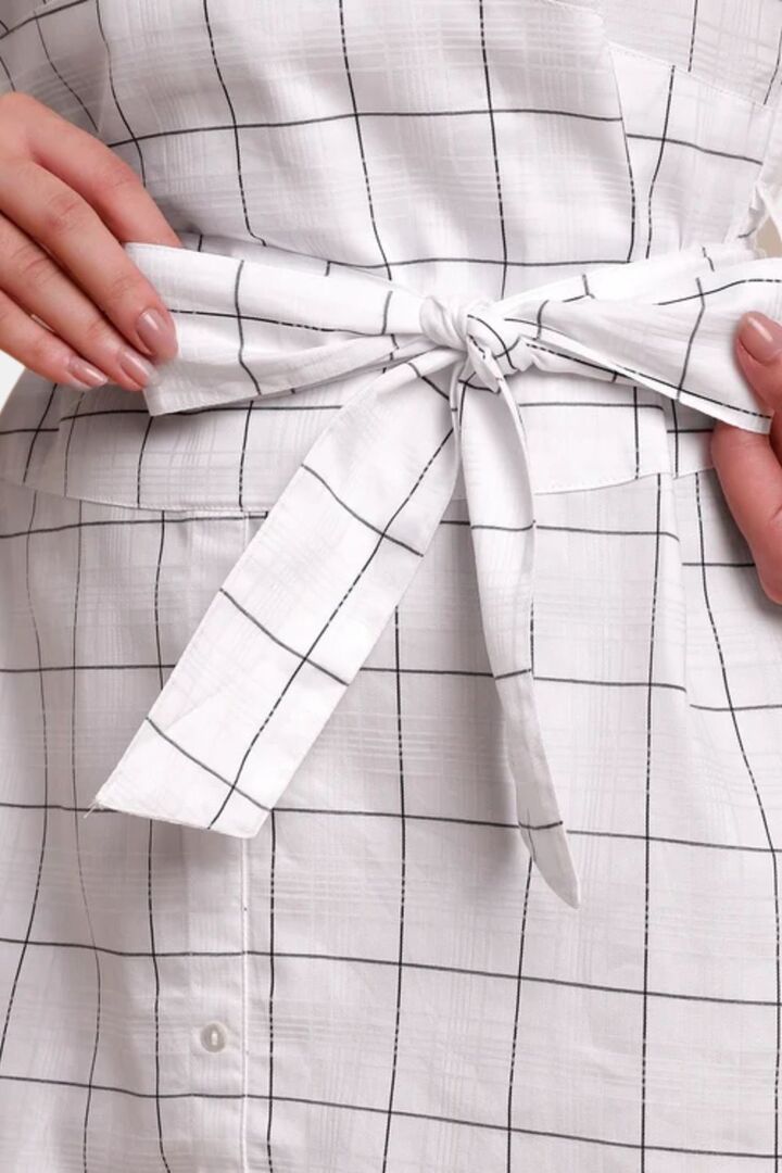 Sands of India White Check Shirt Cum Midi Dress with Detachable Belt — image 5