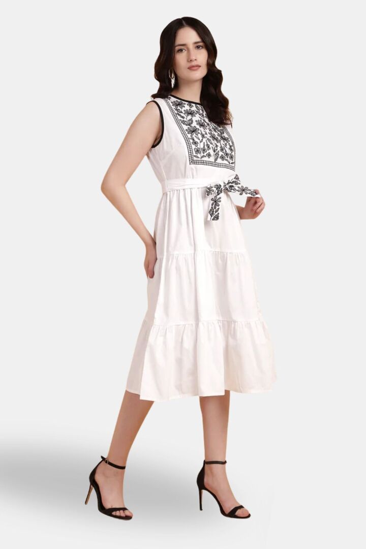 Sands of India White Yoke Embroidered Poplin Midi Dress — image 2