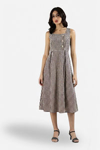 Sands of India Brown Gingham Checked Calf-Length Pinafore Midi Dress — thumbnail 1