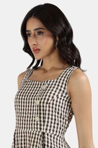 Sands of India Brown Gingham Checked Calf-Length Pinafore Midi Dress — thumbnail 2