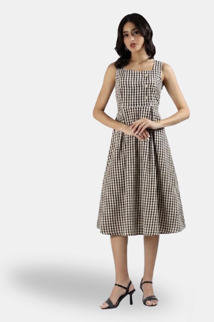 Sands of India Brown Gingham Checked Calf-Length Pinafore Midi Dress — image 3