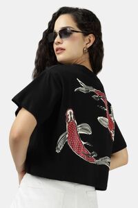 Sands of India Women Black Crop Top With Twin Fish Back Print - Black — thumbnail 1