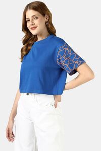 Sands of India Women Blue Crop Top With Kintsugi-Inspired Sleeve Print - Blue — thumbnail 1