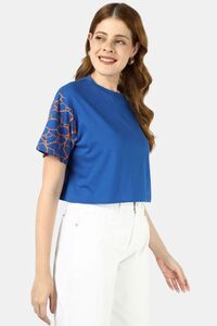 Sands of India Women Blue Crop Top With Kintsugi-Inspired Sleeve Print - Blue — thumbnail 2