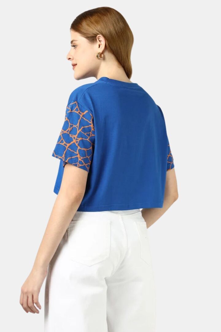 Sands of India Women Blue Crop Top With Kintsugi-Inspired Sleeve Print - Blue — image 3