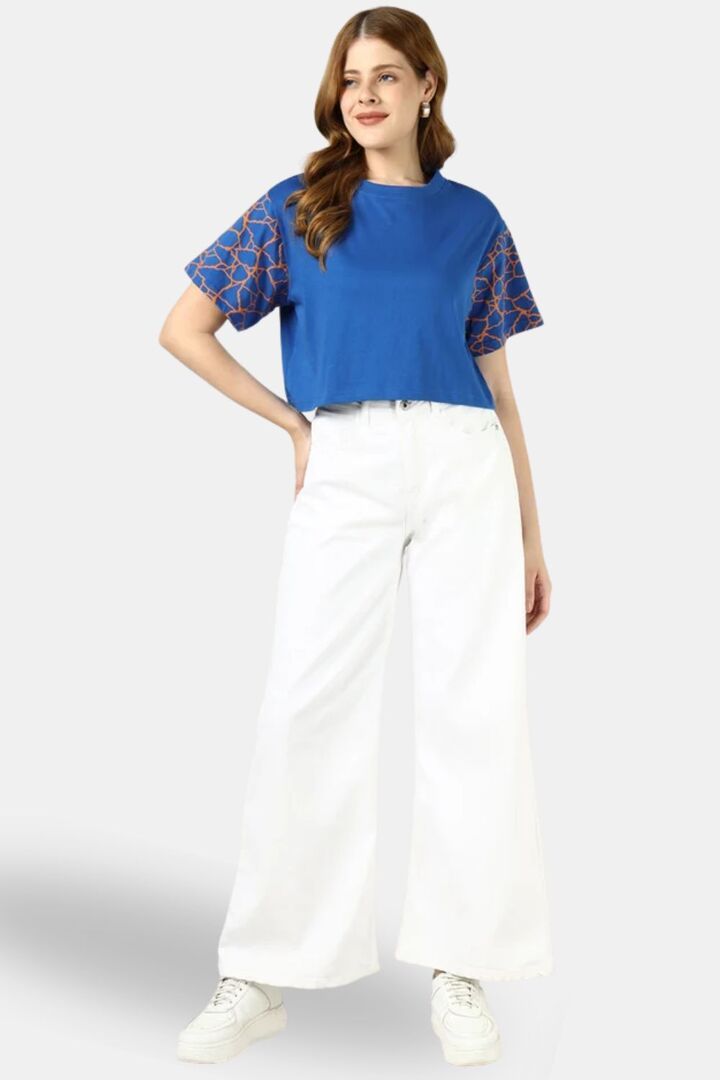 Sands of India Women Blue Crop Top With Kintsugi-Inspired Sleeve Print - Blue — image 4