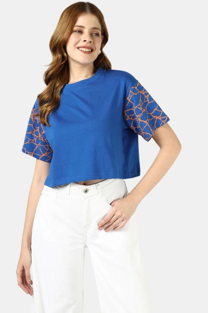 Sands of India Women Blue Crop Top With Kintsugi-Inspired Sleeve Print - Blue — image 5