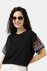 Sands of India Women Black Crop Top With Sleeve Embroidery - Black — thumbnail 1