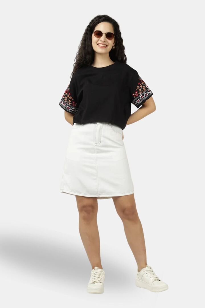 Sands of India Women Black Crop Top With Sleeve Embroidery - Black — image 2