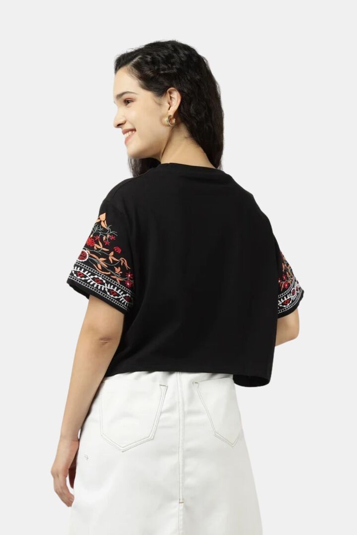 Sands of India Women Black Crop Top With Sleeve Embroidery - Black — image 3