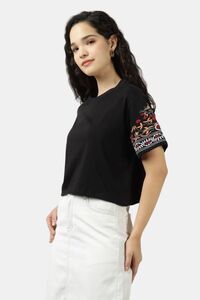 Sands of India Women Black Crop Top With Sleeve Embroidery - Black — thumbnail 4