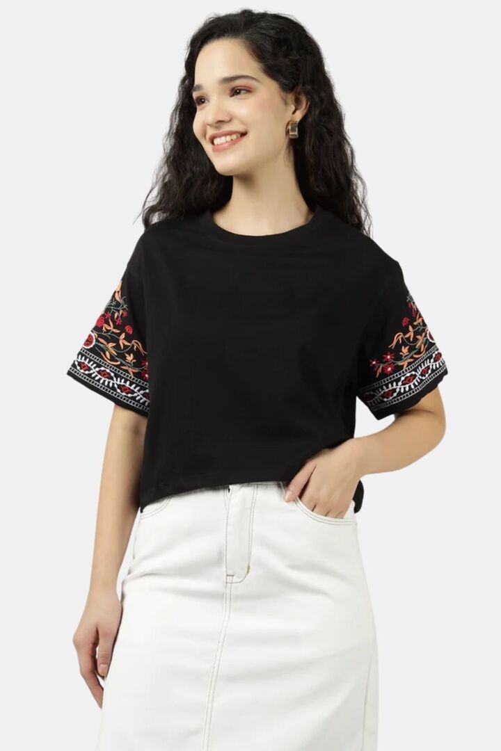 Sands of India Women Black Crop Top With Sleeve Embroidery - Black — image 5