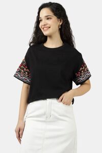 Sands of India Women Black Crop Top With Sleeve Embroidery - Black — thumbnail 5