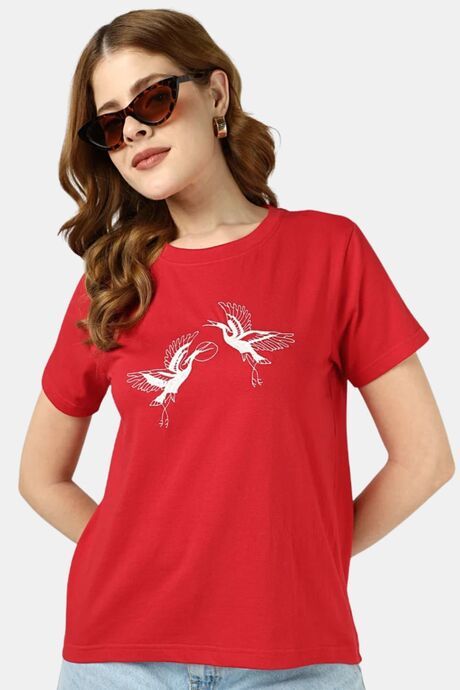 Sands of India Women Red Regular Fit T-Shirt With Flamingo Embroidery - Red Buy Sands of India Women Red Regular Fit T-Shirt With Flamingo Embroidery - Red