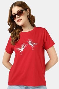 Sands of India Women Red Regular Fit T-Shirt With Flamingo Embroidery - Red — thumbnail 1