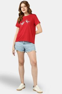 Sands of India Women Red Regular Fit T-Shirt With Flamingo Embroidery - Red — thumbnail 2