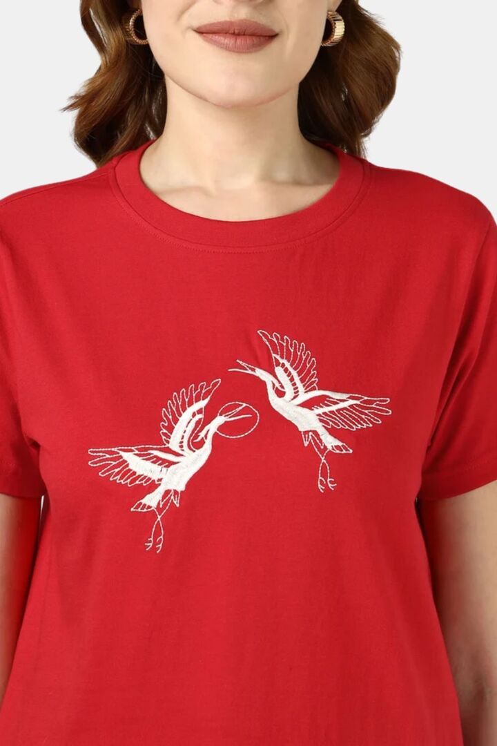 Sands of India Women Red Regular Fit T-Shirt With Flamingo Embroidery - Red — image 4