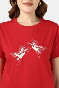 Sands of India Women Red Regular Fit T-Shirt With Flamingo Embroidery - Red — thumbnail 4