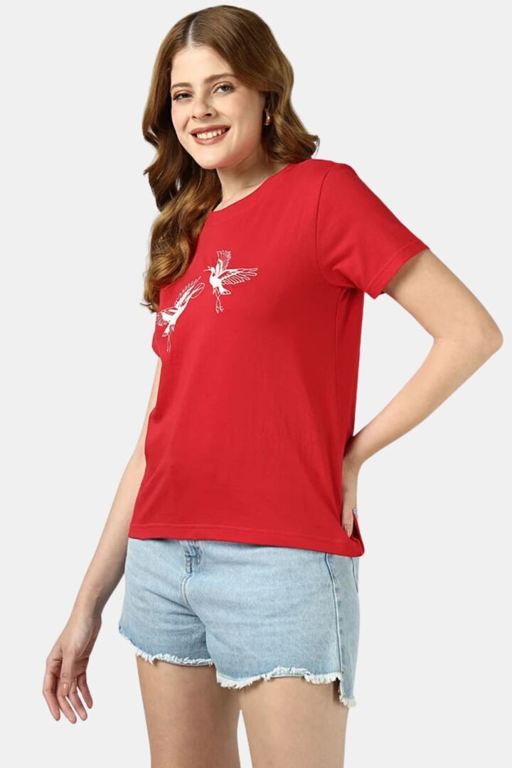 Sands of India Women Red Regular Fit T-Shirt With Flamingo Embroidery - Red — image 5