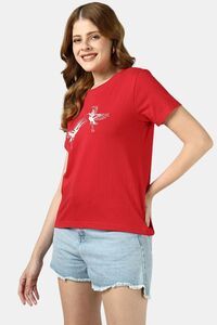 Sands of India Women Red Regular Fit T-Shirt With Flamingo Embroidery - Red — thumbnail 5
