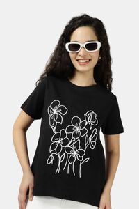 Sands of India Women Floral Embroidered Black Regular Fit T-Shirt - Black — thumbnail 1