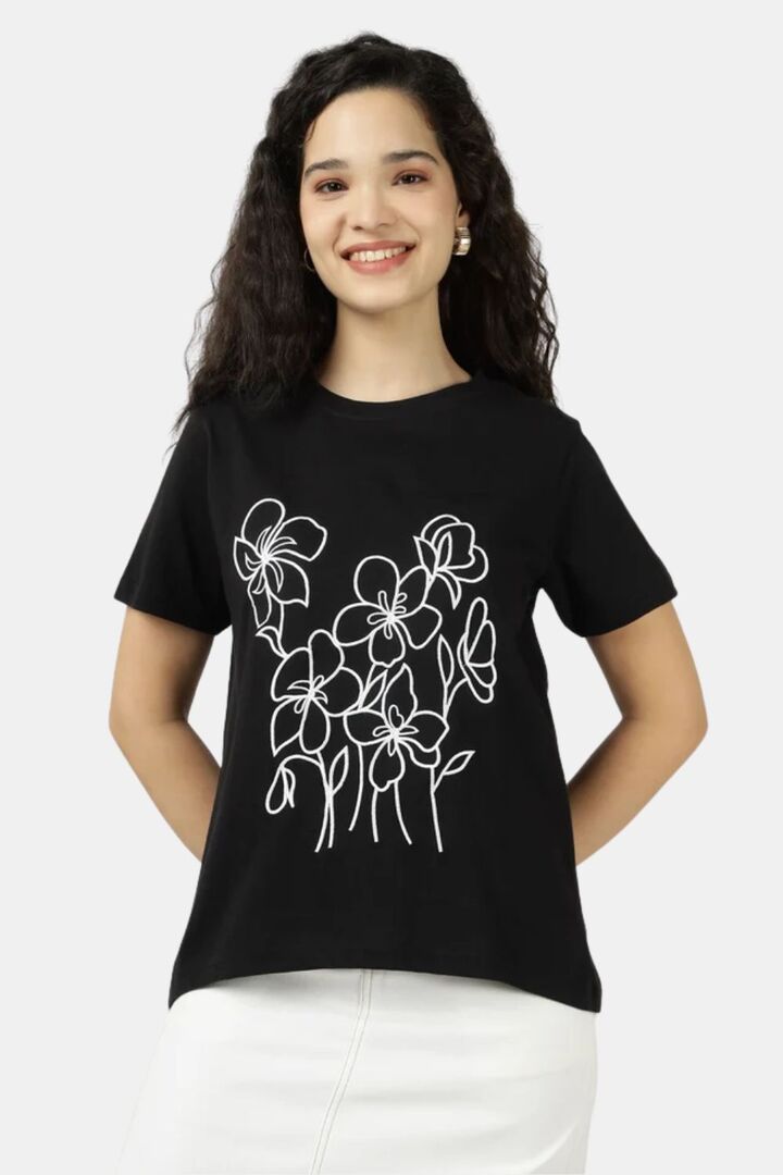 Sands of India Women Floral Embroidered Black Regular Fit T-Shirt - Black — image 3