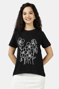 Sands of India Women Floral Embroidered Black Regular Fit T-Shirt - Black — thumbnail 3
