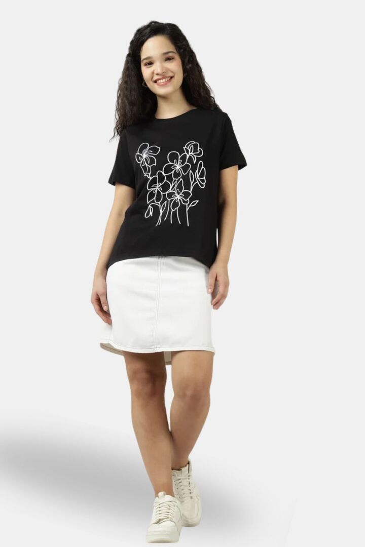 Sands of India Women Floral Embroidered Black Regular Fit T-Shirt - Black — image 4