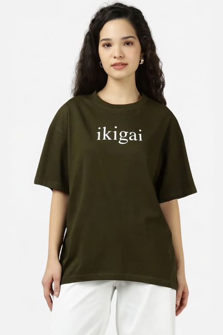 Sands of India Women Olive Ikigai Oversized T-Shirt - Casual Graphic Wear - Green Buy Sands of India Women Olive Ikigai Oversized T-Shirt - Casual Graphic Wear - Green