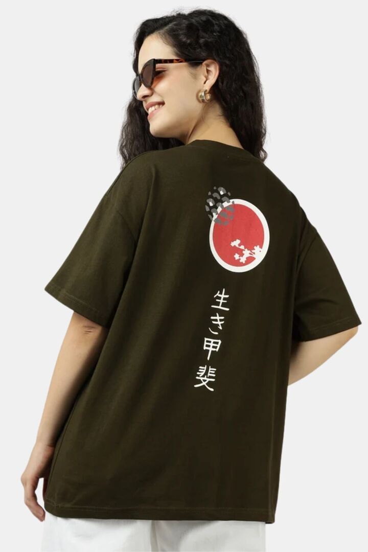 Sands of India Women Olive Ikigai Oversized T-Shirt - Casual Graphic Wear - Green — image 2