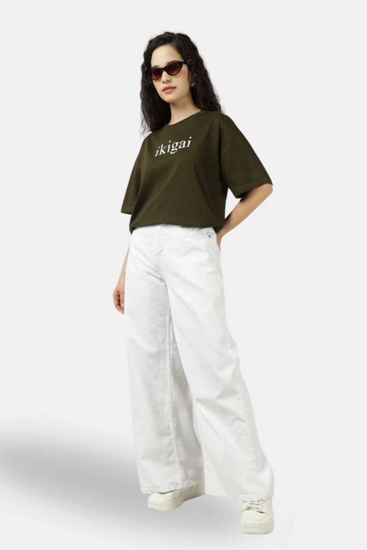 Sands of India Women Olive Ikigai Oversized T-Shirt - Casual Graphic Wear - Green — image 3