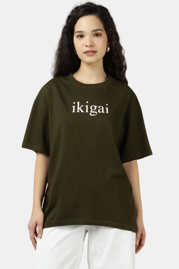 Sands of India Women Olive Ikigai Oversized T-Shirt - Casual Graphic Wear - Green — image 4