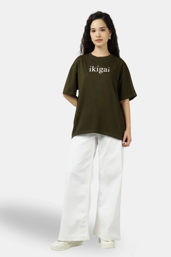 Sands of India Women Olive Ikigai Oversized T-Shirt - Casual Graphic Wear - Green — image 5
