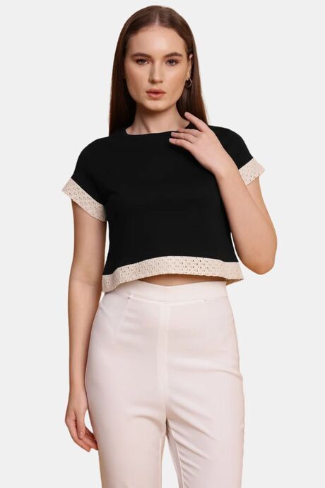 Sands of India Women Black Crop Top With Lace Detailing - Stylish Casual Wear - Black Buy Sands of India Women Black Crop Top With Lace Detailing - Stylish Casual Wear - Black