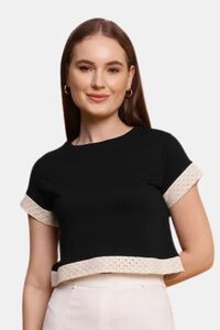 Sands of India Women Black Crop Top With Lace Detailing - Stylish Casual Wear - Black — thumbnail 5